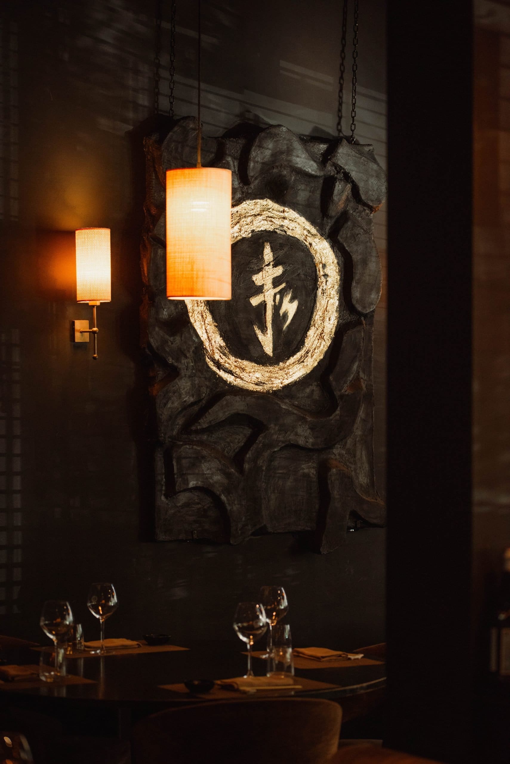 Painting with a Japanese symbol on a restaurant wall