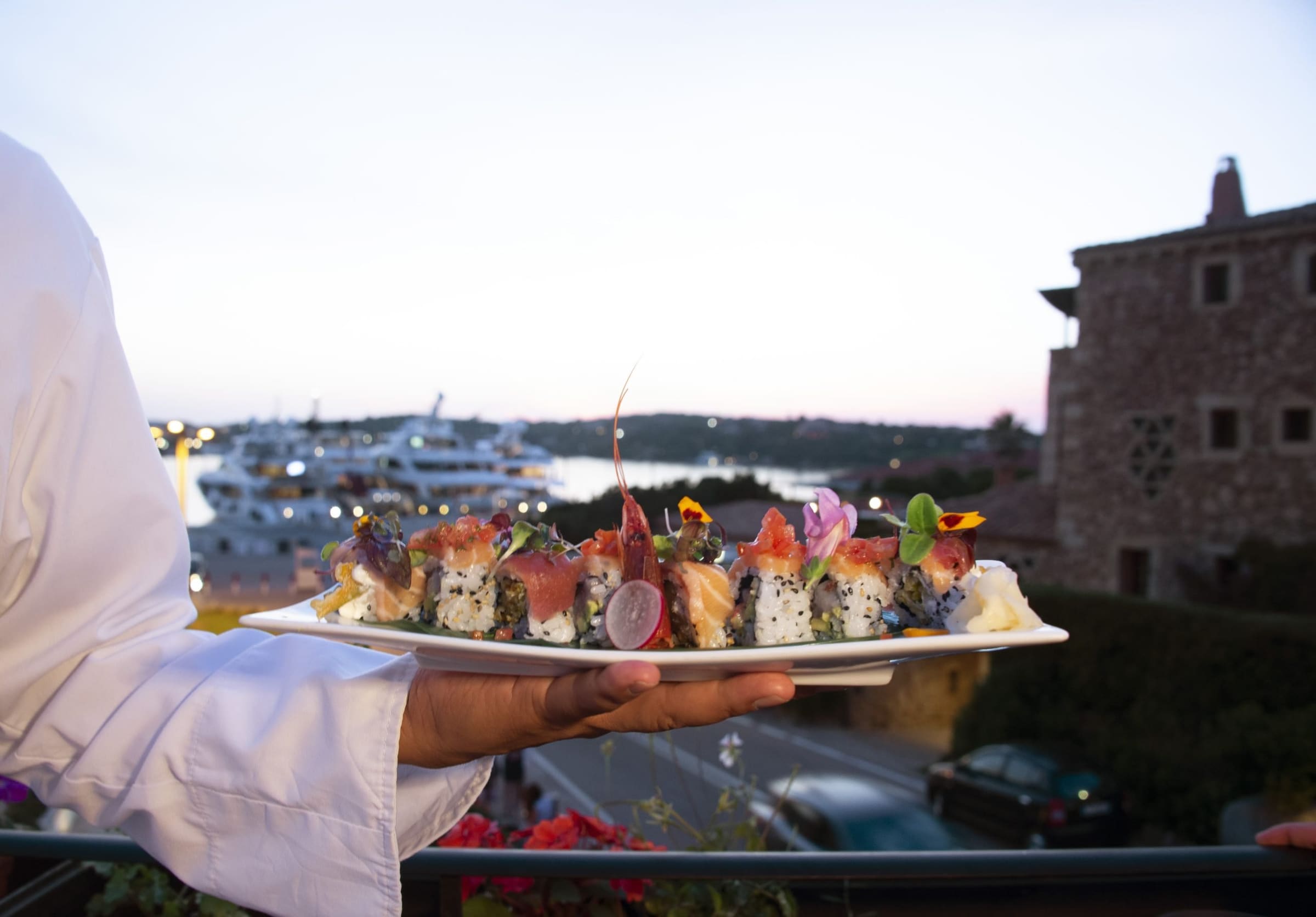 Sushi dishes served at sunset in a Japanese restaurant in Milan